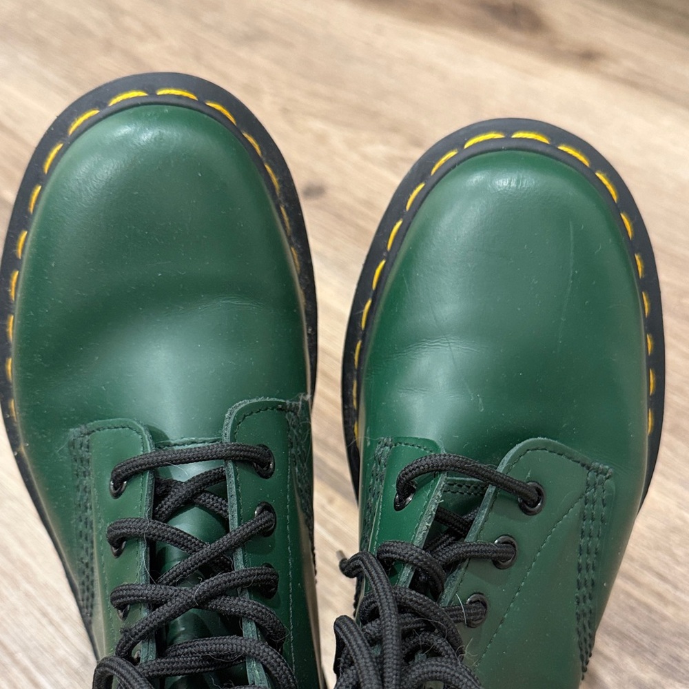 Dr. Martens Green 8-Eye Leather Combat Boots with Yellow Stitching - Picture 2 of 4